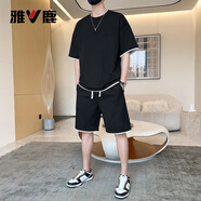 雅鹿短袖T恤男套裝男士夏季冰絲上衣服潮牌寬松華夫格短褲運動(dòng)半袖男 T01黑色 4XL 【190-200斤】