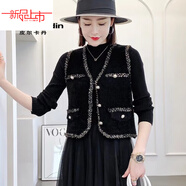 啄木鳥(niǎo)（TUCANO）小香風(fēng)黑色打底針織連衣裙女秋冬修身顯瘦純色百搭網(wǎng)紗拼接毛衣裙 毛毛金絲邊馬甲黑色 均碼 85-135斤