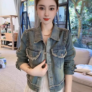 妹丫2026春秋復古做舊燙鉆短款牛仔外套女士韓版寬松休閑小個(gè)子牛仔衣 藍色 S