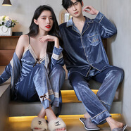 悠曼婭（YOUMANYA）金絲絨睡衣情侶裝一男一女秋冬季蕾絲吊帶睡裙三件套高級感家居服 情侶金絲絨T灰藍 M 女（建議80-105斤）