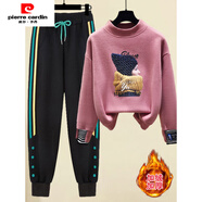 皮爾卡丹（pierre cardin）休閑衛衣套裝女裝2025新款秋冬季加絨加厚韓版時(shí)尚運動(dòng)服兩件套潮 粉色加絨衛衣+黑色加絨褲子【兩件套】 2XL