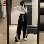 AEMAPE加絨新款條紋運動(dòng)褲女美式復古設計2025秋冬潮流寬松休閑闊腿衛褲 黑色 3XL 建議156-165斤