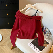 韓版秋冬新款韓國凈色針織翻領(lǐng)吊帶蕾絲拼接露肩毛衣女 紅色 均碼