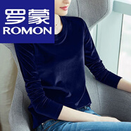 羅蒙（ROMON）金絲絨秋冬長(cháng)袖T恤女圓領(lǐng)小衫打底衫韓版簡(jiǎn)約氣質(zhì)顯瘦上衣潮 【NNB-599】藍色 XL _121-130斤