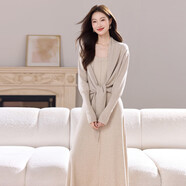 春季套裝女2026新款巨好看早秋背心連衣裙外搭燕尾針織開(kāi)衫兩件套 杏色 M