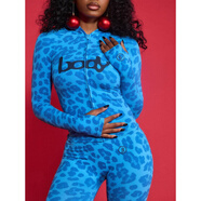 2025秋季新款歐美百搭性感印花連帽長(cháng)袖開(kāi)衫上衣長(cháng)褲套裝 藍色迷彩 M