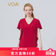 VOA真絲30姆米重磅V領(lǐng)荷葉邊短袖做舊工藝立體裝飾桑蠶絲T恤 BE758 紅葉情（H03） S
