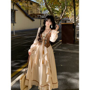BLOVELAN琥珀核桃 復古波西米亞文藝刺繡馬甲假兩件牛仔絨荷葉邊連衣裙春 曲奇棕（連衣裙 XS