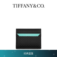 蒂芙尼【新年禮物】 Tiffany T 系列鮮亮坦桑石藍色皮革方形卡包 黑色