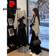 皮爾卡丹（pierre cardin）冬季搭配一整套大碼胖mm蝴蝶結針織毛衣半身裙松弛慵懶好看套裝女 灰色兩件套 XL (建議115-130斤)