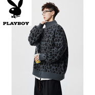 花花公子（PLAYBOY）立領(lǐng)開(kāi)衫豹紋毛衣男秋冬美式復古寬松針織衫潮牌痞帥休閑線(xiàn)衣外套 灰豹紋 XL