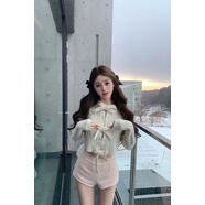 日系甜美粉色毛呢蕾絲短褲女秋冬新款加厚高腰百搭小眾修身A字褲 粉色毛呢短褲 S S