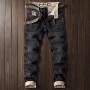 Tonyjeans2025新款牛仔褲男士修身潮流彈力小腳褲刺繡休閑抓絨加厚男褲子 黑色（抓絨薄絨） 28