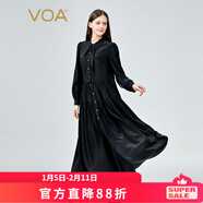 VOA真絲雙縐黑色長(cháng)袖POLO領(lǐng)拼接活頁(yè)單排扣褶皺大擺桑蠶絲連衣裙 AE1225 黑暗來(lái)襲（B13） L