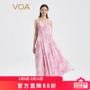 VOA提花桑蠶絲V領(lǐng)無(wú)袖露背修身淑女優(yōu)雅可調節吊帶真絲連衣裙 AE1373 冬日梅粉（F77） XL