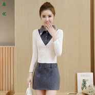 芭瑾圖2025秋冬新款韓版毛呢連衣裙女加絨蕾絲假兩件襯衣領(lǐng)中裙包臀裙潮 淺灰色 加絨 2XL