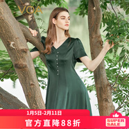 VOAVO40姆米重磅雙面緞綠色桃心領(lǐng)短珠喬其拼接大擺真絲連衣裙 AE952 綠蔭冉冉（G06） M