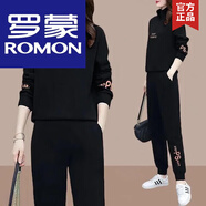 羅蒙（ROMON）棉質(zhì)時(shí)尚運動(dòng)套裝女2026春秋季新款大碼女裝韓版寬松休閑顯瘦兩件 黑色[上衣+褲子]不起球不掉色 L 建議-110斤