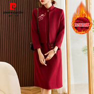 皮爾卡丹（pierre cardin）高貴喜婆婆婚宴裝禮服加絨加厚中年媽媽秋冬裝旗袍連衣裙兩件套裝 紅色(加絨兩件套) 2XL (建議100-110斤)