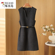 啄木鳥(niǎo)（TUCANO）新款雙面羊.毛馬甲女外穿秋冬無(wú)袖毛呢裙子中長(cháng)款休閑寬松時(shí)尚高 混黑 腰帶是送的款式不固定 S 100-120斤左右