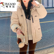 啄木鳥(niǎo)今年流行冰晶紫工裝派克棉服女秋冬季新款韓版寬松大毛領(lǐng)棉衣外套 輕薄杏色薄 M