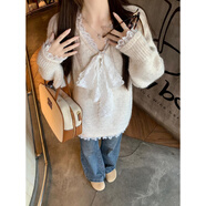 感長(cháng)袖軟糯蕾絲邊套頭毛衣女秋冬新款寬松細帶針織衫上衣 下擺蕾絲杏色 均碼