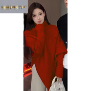 夏典素訂女王（SE.PSTP）秋冬氣質(zhì)不規則設計感蝙蝠袖披肩式高領(lǐng)毛衣寬松百搭慵懶風(fēng)針織衫 紅色毛衣 M