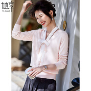 她享針織開(kāi)衫女蕾絲飄帶系帶毛衣減齡百搭針織外套上衣女 T53Z091 M