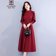 AEMAPE輕奢長(cháng)袖風(fēng)衣式連衣裙女春秋2025新款收腰顯瘦復古氣質(zhì)女神范裙子 酒紅色 L 推薦 105-115斤
