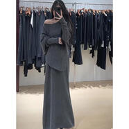 ANBIEM寬松慵懶風(fēng)蝙蝠袖開(kāi)叉毛衣套裝裙女秋冬新款簡(jiǎn)約韓版針織兩件套厚 灰色套裝 S (建議100斤內）