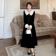 依樂(lè )琦大碼法式收腰娃娃領(lǐng)黑色連衣裙女秋冬感新年禮服氣質(zhì)絲絨裙子 黑色 M 【建議90-105斤】