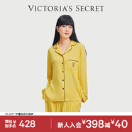 維多利亞的秘密 新年宅度假水光綢家居服絲滑親膚長(cháng)袖長(cháng)褲本命年送禮睡衣套裝女 5M9C落日黃-提花 11221503 L