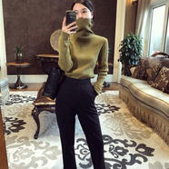 ANBIEM高領(lǐng)毛衣女秋冬新款韓國復古洋氣修身長(cháng)袖內搭加厚套頭打底針織衫 芥綠加厚 M  75-120斤