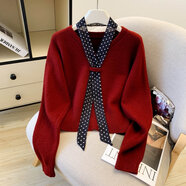 ?？|竺法式感V領(lǐng)絲巾領(lǐng)帶針織衫女秋冬季獨特別致短款顯瘦套頭毛衣 紅色【氣質(zhì)上衣/溫柔系/歐美/設計感小眾/甜美/潮流/搭 L 【上衣/小個(gè)子/顯瘦/小眾/洋氣 設計感/氣質(zhì)/溫柔風(fēng)/