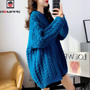 AEMAPE粗毛線(xiàn)麻花圓領(lǐng)套頭毛衣女2025秋冬新款寬松中長(cháng)款紅色針織衫上衣 藍色中長(cháng)款 L 100到120斤