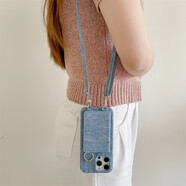 RSRDDY掛繩斜挎包蘋(píng)果17promax手機殼帶化妝鏡子適用iphone16帶零錢(qián)卡包 牛仔紋左右開(kāi) 帶鏡子 藍色  調節掛繩 iPhone 11 Pro Max