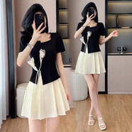 百褶裙套裝大碼時(shí)尚法式套裝裙女2025夏季胖mm小香風(fēng)顯瘦上衣百褶 黑色上衣+杏色半身裙 XL 建議110-125斤