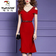 啄木鳥(niǎo)（TUCANO）感時(shí)尚洋氣連衣裙女2025新款夏露肩短袖釘鉆中長(cháng)款修身魚(yú)尾裙 紅色 M 建議95-105斤