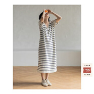 旅途原品 棉麻女裝 亞麻高檔條紋長(cháng)裙子2025t恤寬松款女開(kāi)叉短袖裙V領(lǐng)海潮 藍白條 XS -S(155cm)