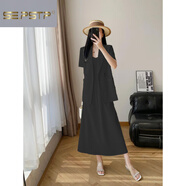 夏典素訂女王（SE.PSTP）加肥大碼春秋款西裝套裝女微胖mm吊帶裙西服外套顯瘦兩件套200斤 黑色短袖裝 西裝+吊帶裙 薄款 2XL 建議140-160斤