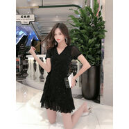 性感連衣裙深V修身顯瘦大碼夜店女裝胖mm荷葉邊遮肚子遮肉 黑色9611 S S