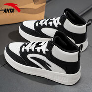 安踏男鞋皮面防潑水板鞋冬季保暖高幫韓版潮厚底學(xué)生跑步休閑運動(dòng)鞋子 -1黑/象牙白 41