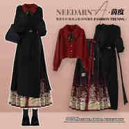 茶年（CHANIAN）拜年服女童 新中式洋氣穿搭針織毛衣裙紅色毛衣配顯瘦國風(fēng)馬面裙 黑色毛衣裙+紅色毛衣+黑色馬面裙 三件套送腰帶 M 建議80-100斤