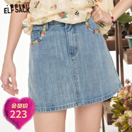 妖精的口袋多巴胺花朵刺繡裙褲牛仔褲女2025年夏季新款高腰短褲子 花花牛仔藍 S