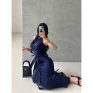 YoungGirlDay純欲氛圍感假兩件系帶收腰無(wú)袖包臀背心連衣裙長(cháng)裙 藏青色 S S