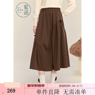 紫涵（ZIHAN）紫涵蝴蝶結拼接半身裙女2024冬季新款甜美高腰寬松中長(cháng)款A字裙子 咖色 M