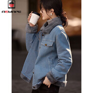 AEMAPE2025新款湖藍色棉服女冬季加厚毛絨上衣短款牛仔外套保暖棉衣寬松 藍色牛仔外套 XL 建議120-135斤