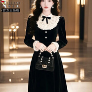 啄木鳥(niǎo)（TUCANO）加絨加厚富家千金赫本風(fēng)小黑裙感黑色蕾絲絲絨連衣裙女秋冬長(cháng)裙子 常規款 L (100-120斤)