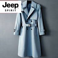 JEEP SPIRIT【尊貴專(zhuān)享】高端英倫男戰壕風(fēng)衣外套新款華達呢商務(wù)休閑長(cháng)款 灰藍色 M 寬松款，160斤以下穿