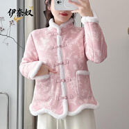 伊奈奴新中式加絨加厚東北大花棉襖女冬季新款國風(fēng)棉衣彷鹿皮絨棉服外套 粉色T2553 5XL 5  150-165斤